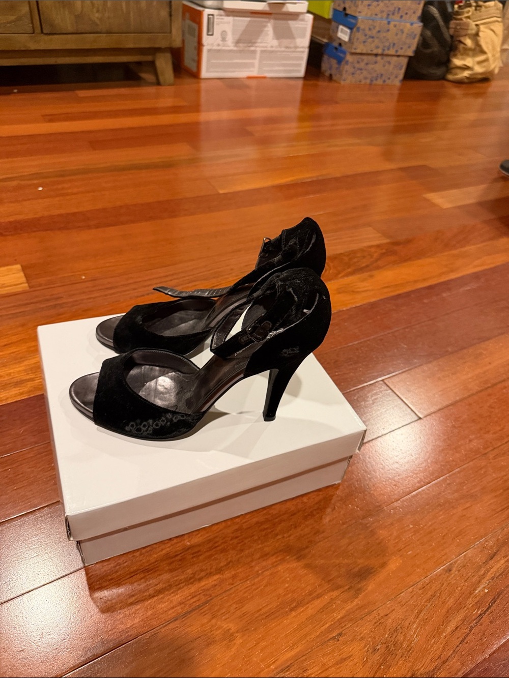 DKNY Black Velvet Open-Toe Ankle-Strap Stiletto Heels